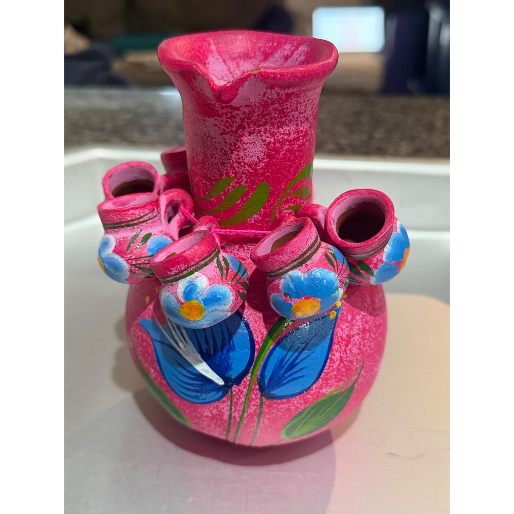 Mexican Folk Art Pink Pottery Pitcher with 6 Miniature Hanging Mugs Floral Decor